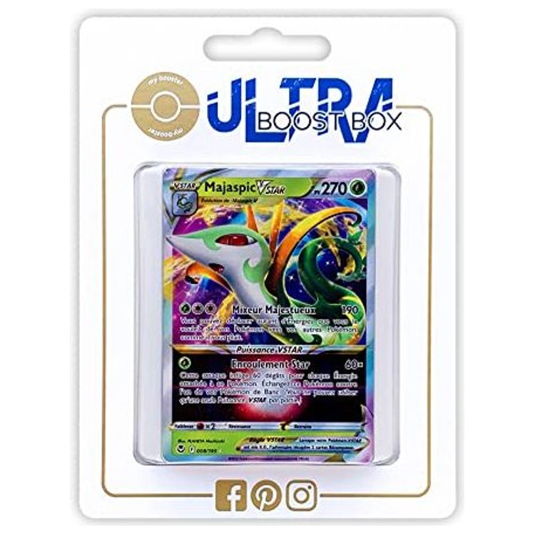 Coffret Myboost Tempête Argentée avec la carte Majaspic VSTAR mise en avant et 9 autres cartes Pokémon françaises neuves assorties.