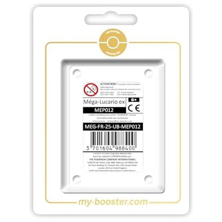 Coffret Myboost Méga-Évolution 01 avec Méga-Lucario ex MEP012 en carte principale et 9 autres cartes Pokémon françaises supplémentaires visibles.