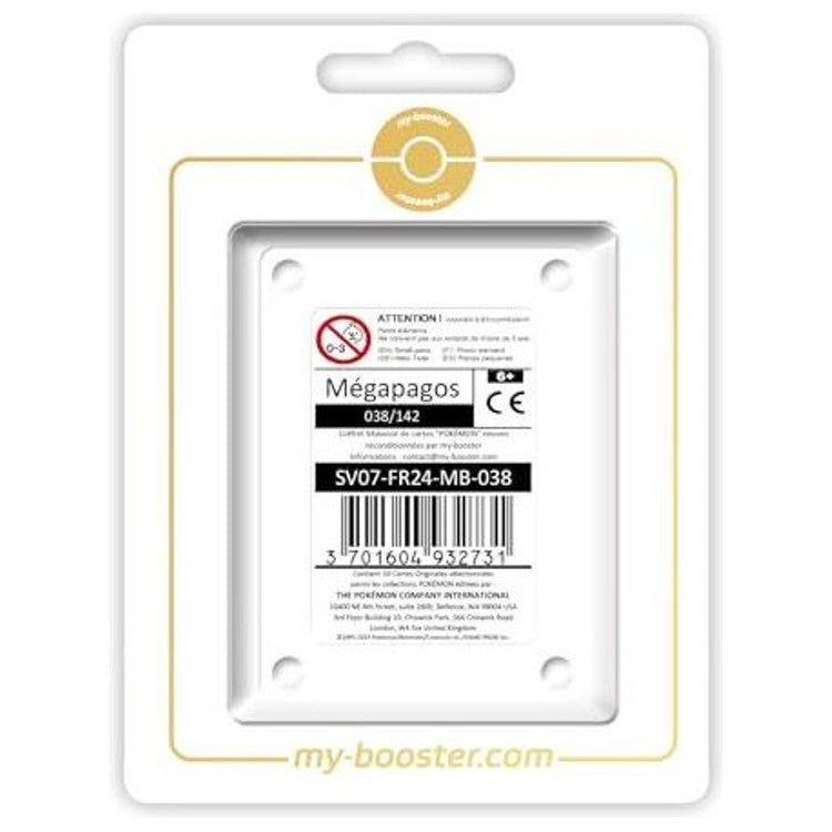Coffret Myboost Mégapagos Couronne Stellaire incluant la carte 038/142 Holo ou Reverse et 9 autres cartes Pokémon françaises variées.