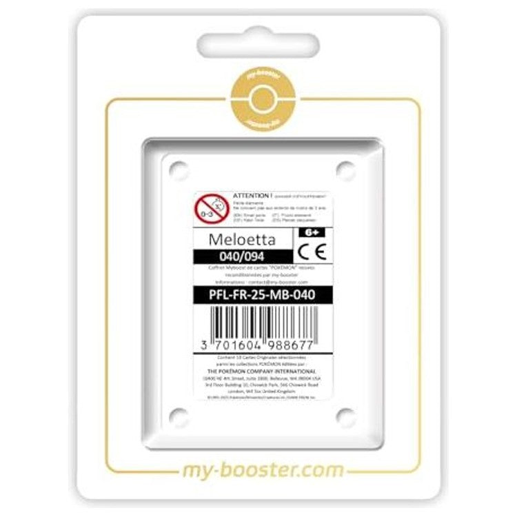 Coffret Myboost autour de Meloetta 040/094 Reverse Flammes Fantasmagoriques, incluant la carte principale et 9 autres cartes Pokémon françaises variées.