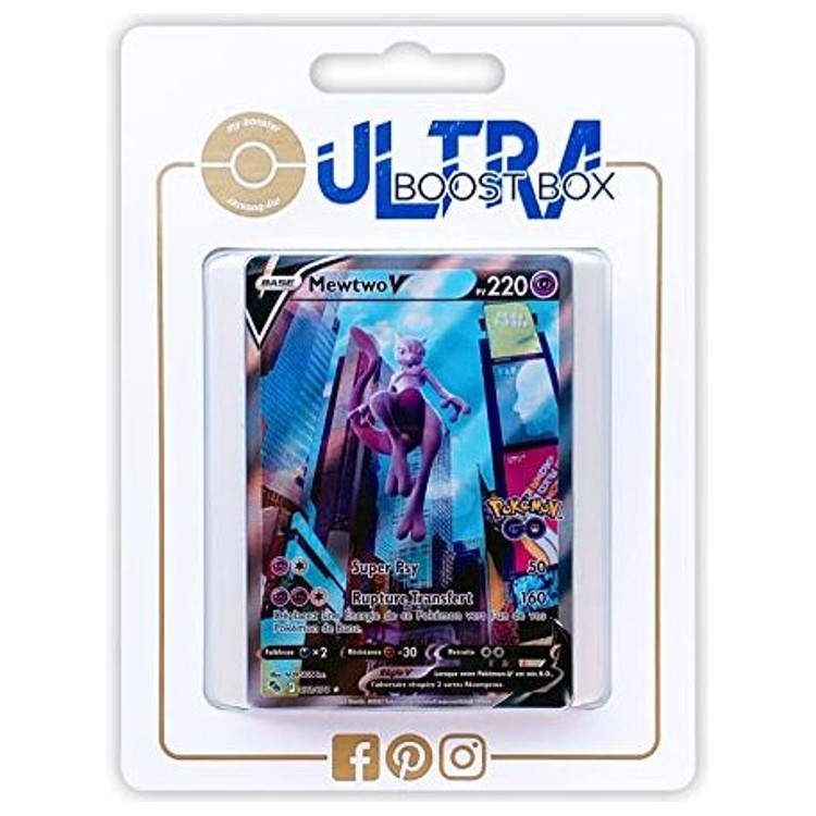 Coffret Ultraboost X Myboost avec la carte Mewtwo V 72/78 Full Art alternative Pokémon GO et 9 autres cartes Pokémon françaises neuves assorties.