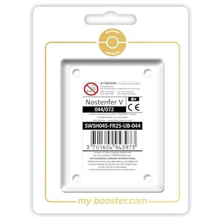 Coffret Myboost Nostenfer V Destinées Radieuses contenant la carte Ultra Rare 044/072 et 9 autres cartes Pokémon françaises neuves et certifiées.