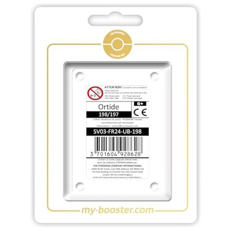 Coffret Myboost Ortide Alternative Pokémon Gallery Secrète contenant la carte principale et 9 autres cartes Pokémon françaises variées.