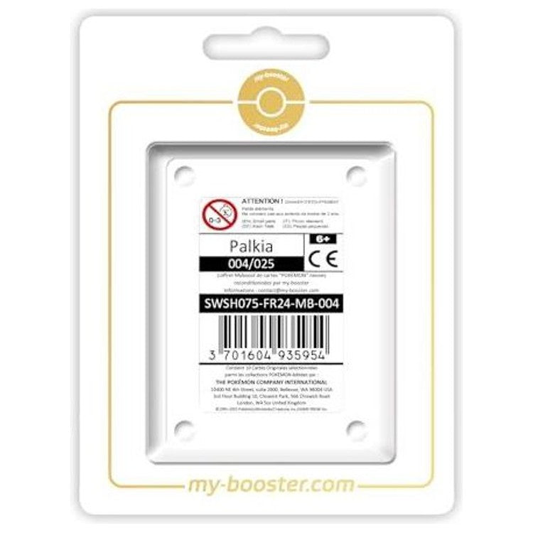 Coffret Myboost dédié à Palkia Holo 004/025 de Célébrations Épée et Bouclier 07.5, présenté avec les 9 autres cartes Pokémon incluses dans le pack.