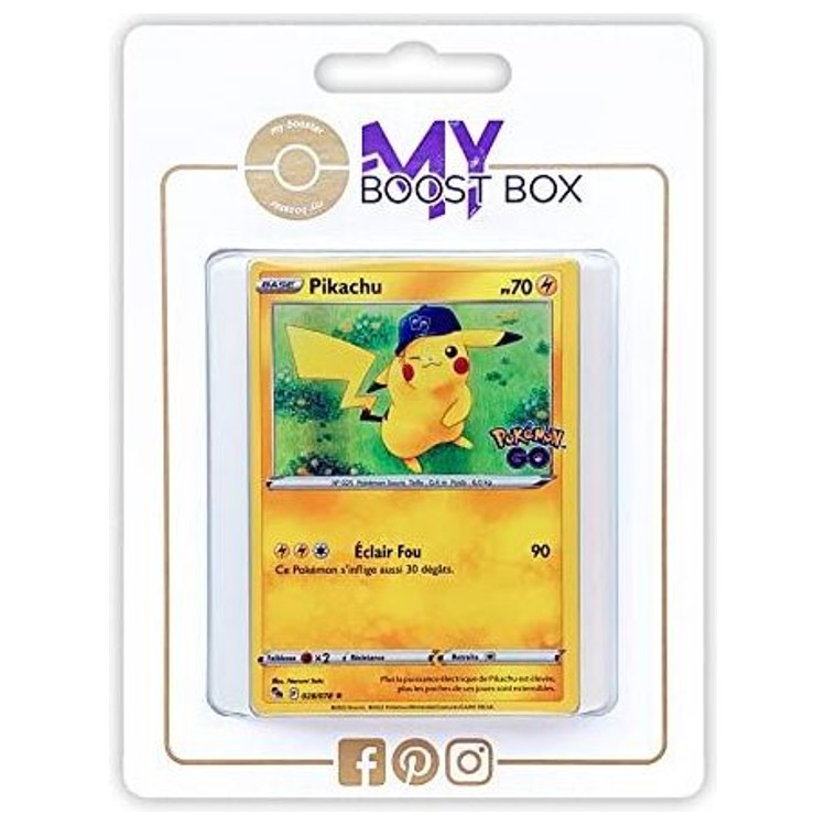 Coffret Myboost avec la carte Pikachu 28/78 Holo Pokémon GO et 9 autres cartes Pokémon françaises neuves sans doublon.