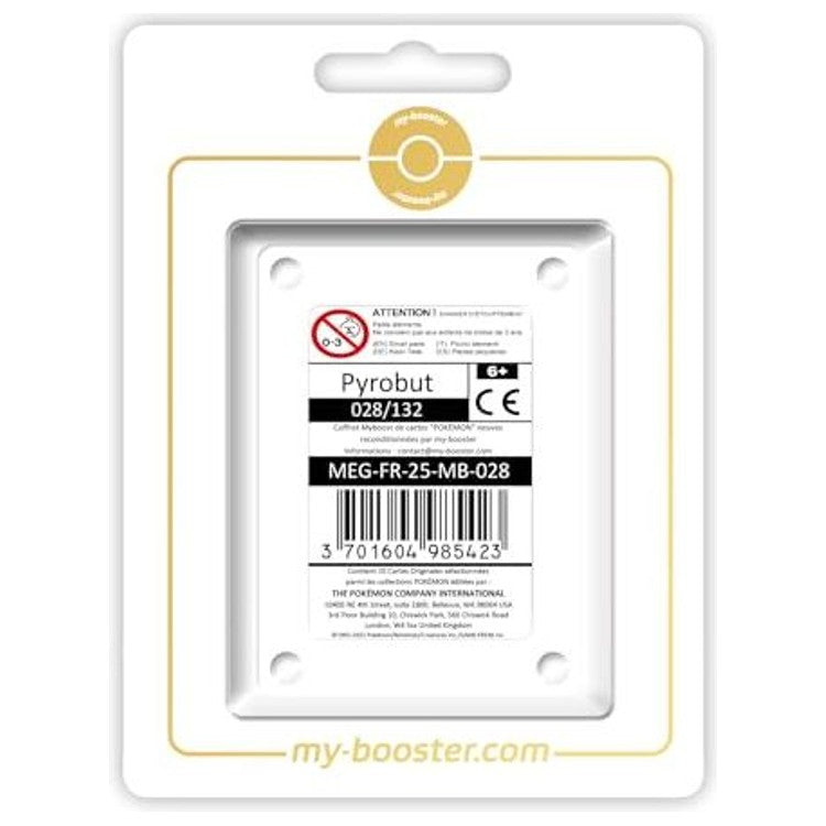 Coffret Myboost Méga-Évolution 1 avec la carte Pyrobut 028/132 en vedette et 9 cartes Pokémon supplémentaires françaises