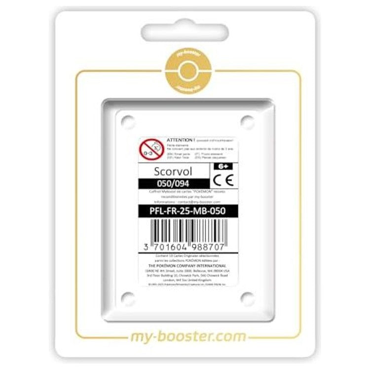 Coffret Myboost Scorvol Flammes Fantasmagoriques contenant la carte Reverse 050/094 et 9 autres cartes Pokémon françaises assorties.