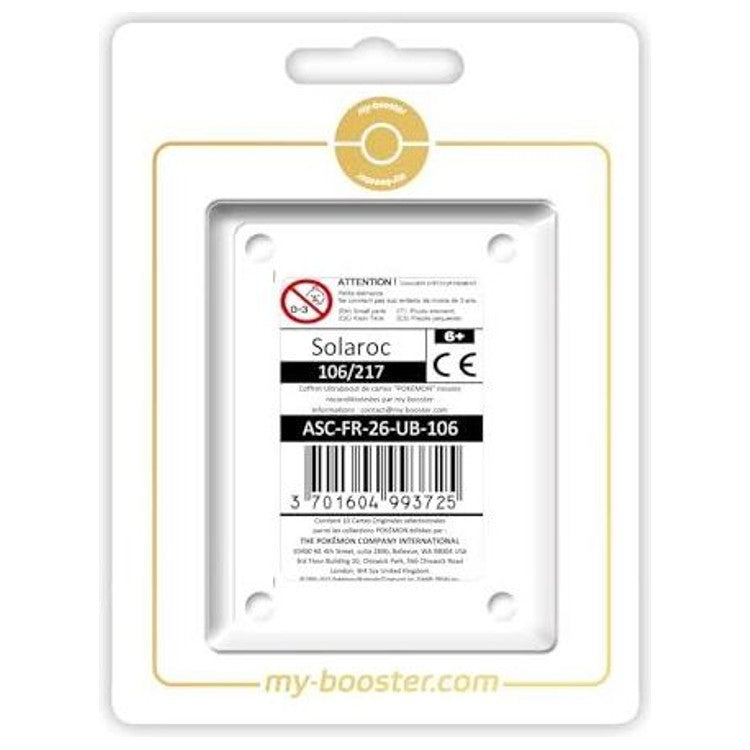 Coffret Myboost Héros Transcendants centré sur Solaroc Reverse 106/217, présenté avec un assortiment de 9 autres cartes Pokémon françaises.