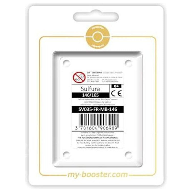 Coffret Myboost Sulfura 151 contenant la carte principale 146/165 Holo ou Reverse et 9 cartes Pokémon françaises supplémentaires assorties.