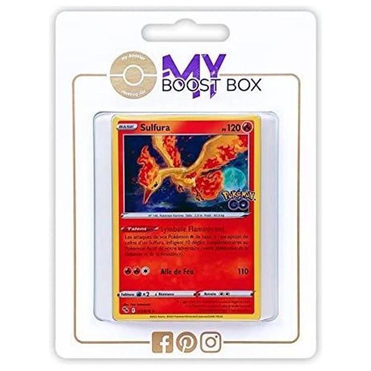 Coffret Myboost SWSHPOGO-FR-12H avec la carte Sulfura 12/78 Holo Pokémon GO et 9 autres cartes Pokémon françaises variées.
