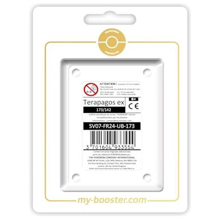 Coffret Myboost Couronne Stellaire EV07 avec la carte Terapagos ex 173/142 secrète Gold et 9 autres cartes Pokémon françaises assorties
