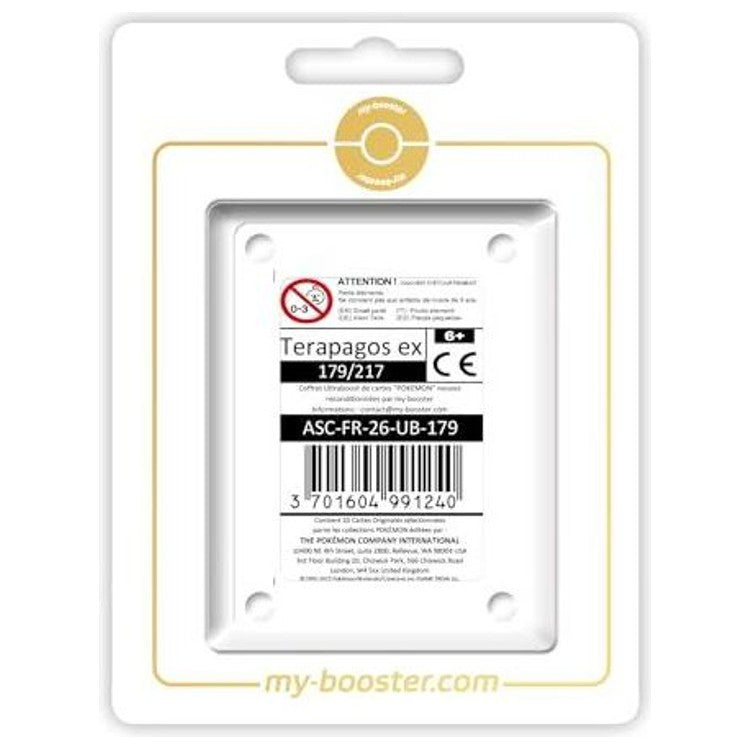 Coffret Myboost Héros Transcendants avec la carte principale Terapagos ex Téracristal et 9 autres cartes Pokémon françaises visibles dans le pack.