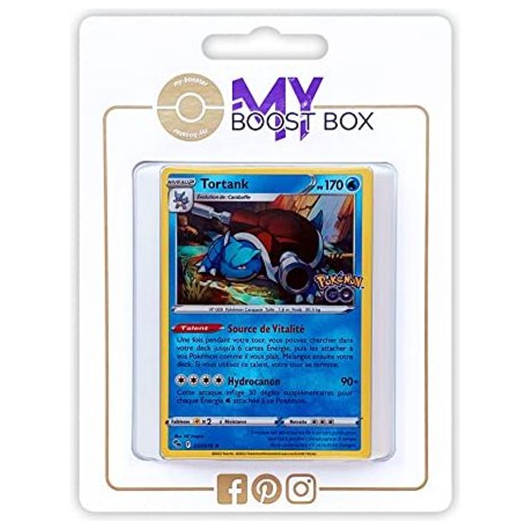 Coffret Myboost SWSHPOGO-FR-17H avec la carte Tortank 17/78 Holo Pokémon GO et un assortiment de 9 autres cartes Pokémon françaises neuves.