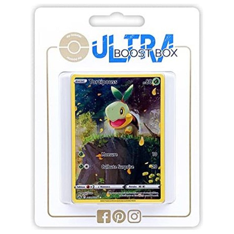 Coffret Myboost Zénith Suprême avec la carte Tortipouss GG31/GG70 Full Art alternative secrète en avant et 9 autres cartes Pokémon françaises neuves