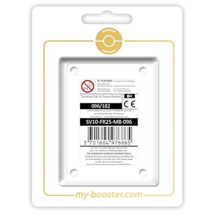 Coffret Myboost Écarlate et Violet 10 Rivalités Destinées avec Tyranocif de la Team Rocket et 9 autres cartes Pokémon françaises variées.