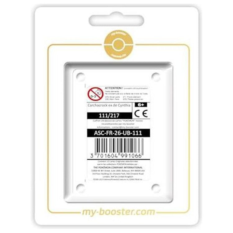 Coffret Myboost Ultraboost Carchacrock ex de Cynthia Héros Transcendants contenant la carte principale 111/217 et 9 autres cartes Pokémon françaises variées.