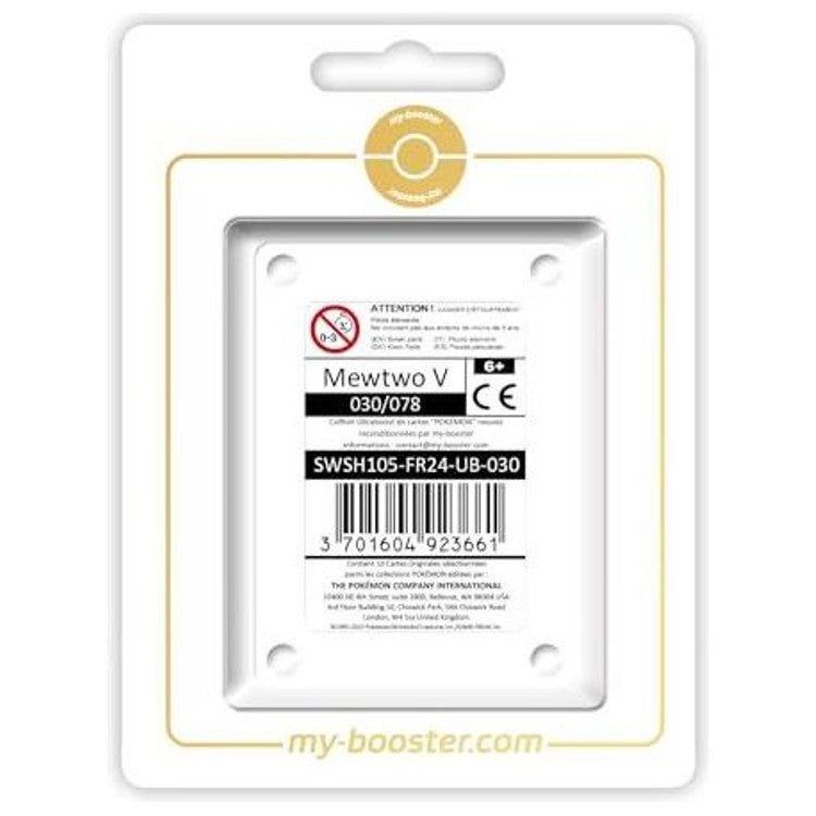 Coffret Myboost Ultraboost Mewtwo V Pokémon GO en français, comprenant la carte principale Mewtwo V et 9 autres cartes Pokémon variées.