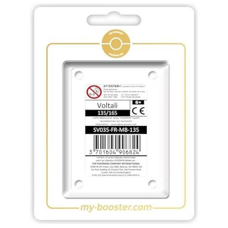 Coffret Myboost Voltali 135/165 extension 151 EV3.5 contenant la carte Voltali et 9 autres cartes Pokémon françaises assorties.
