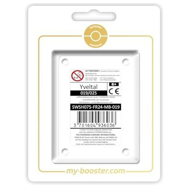 Coffret Myboost centré sur la carte Yveltal 019/025 Holo Célébrations, accompagné de 9 autres cartes Pokémon françaises neuves.