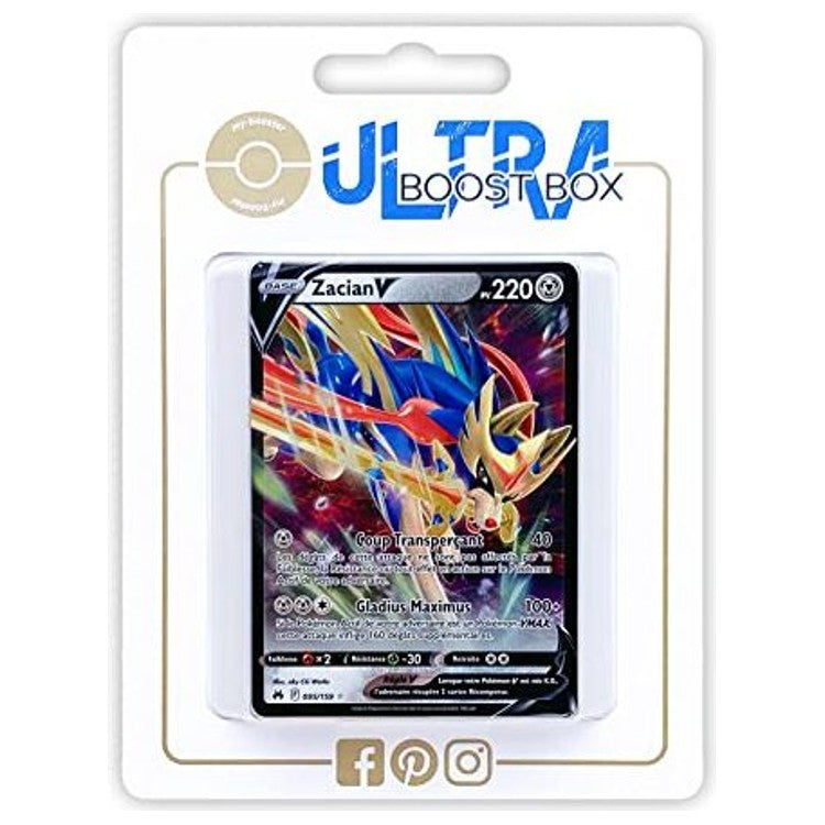 Coffret Myboost Zacian V Zénith Suprême EB12.5 contenant la carte Zacian V 095/159 et 9 autres cartes Pokémon françaises neuves et certifiées officielles.