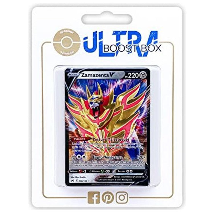 Coffret Myboost Zamazenta V Zénith Suprême contenant la carte ultra rare 098/159 et 9 autres cartes Pokémon françaises assorties