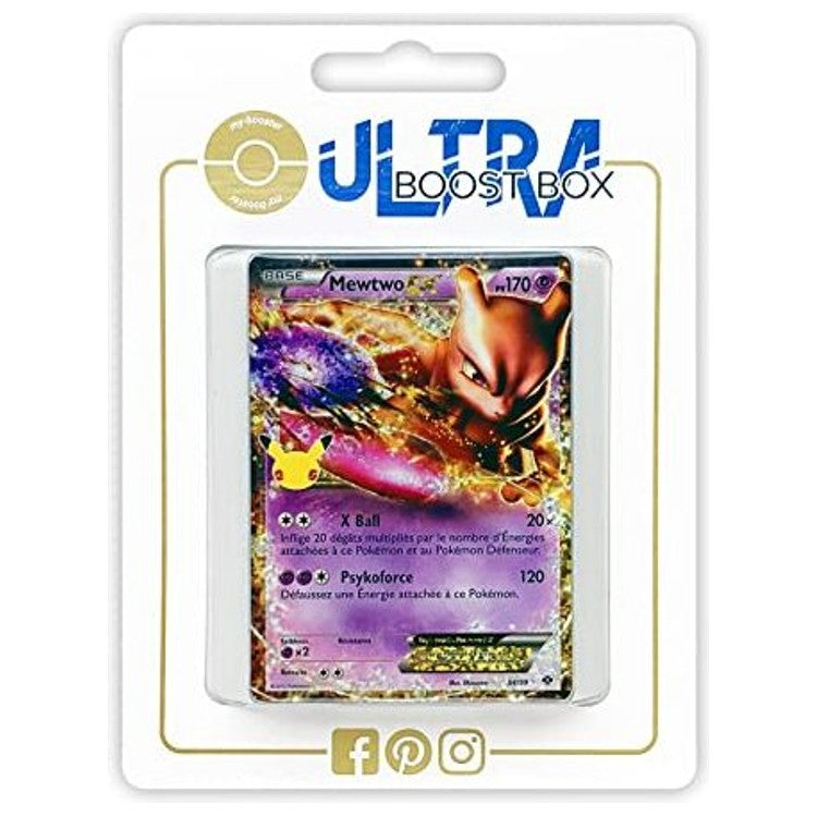 Coffret Ultraboost X my booster avec la carte Mewtwo EX en vedette et 9 autres cartes Pokemon francaises neuves assorties