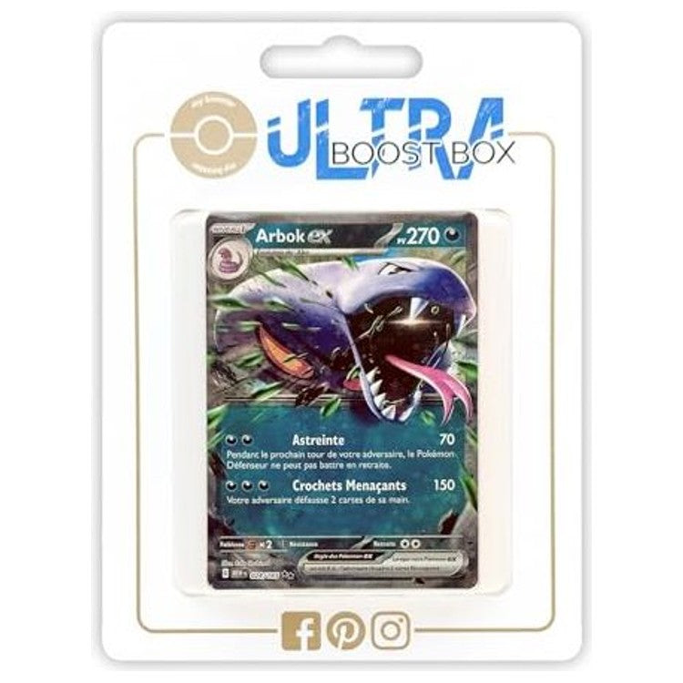 Coffret Ultraboost X contenant la carte Arbok ex 024/165 de l’extension 151 EV3.5 et une sélection de 9 autres cartes Pokémon françaises neuves et originales.