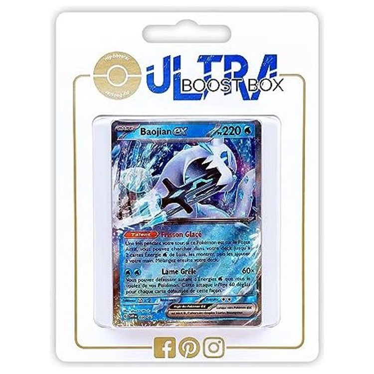 Coffret Ultraboost X Écarlate et Violet 02 avec la carte Baojian ex SV030 en vedette et 9 autres cartes Pokémon françaises incluses.