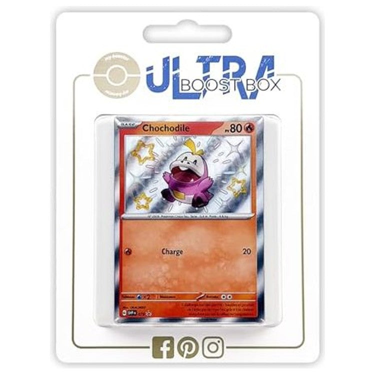 Coffret Ultraboost Destinées de Paldea avec la carte Chochodile SV079 chromatique et 9 autres cartes Pokémon françaises neuves et certifiées.