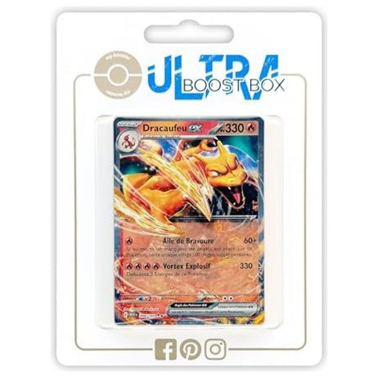 Coffret Ultraboost X Écarlate et Violet 3.5-151 avec la carte Dracaufeu ex 006/165 et 9 autres cartes Pokémon françaises neuves et originales.