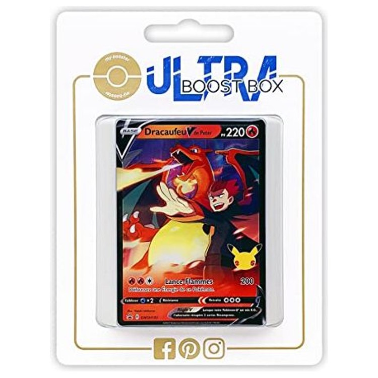 Coffret Ultraboost my-booster Dracaufeu V SWSH133 contenant la carte promo et 9 autres cartes Pokémon françaises de la série Célébrations.