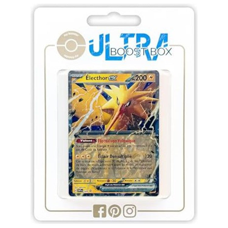 Coffret Ultraboost contenant la carte Pokémon Électhor ex SV049 et 9 autres cartes Pokémon françaises neuves et originales, sans doublon ni cartes dresseur