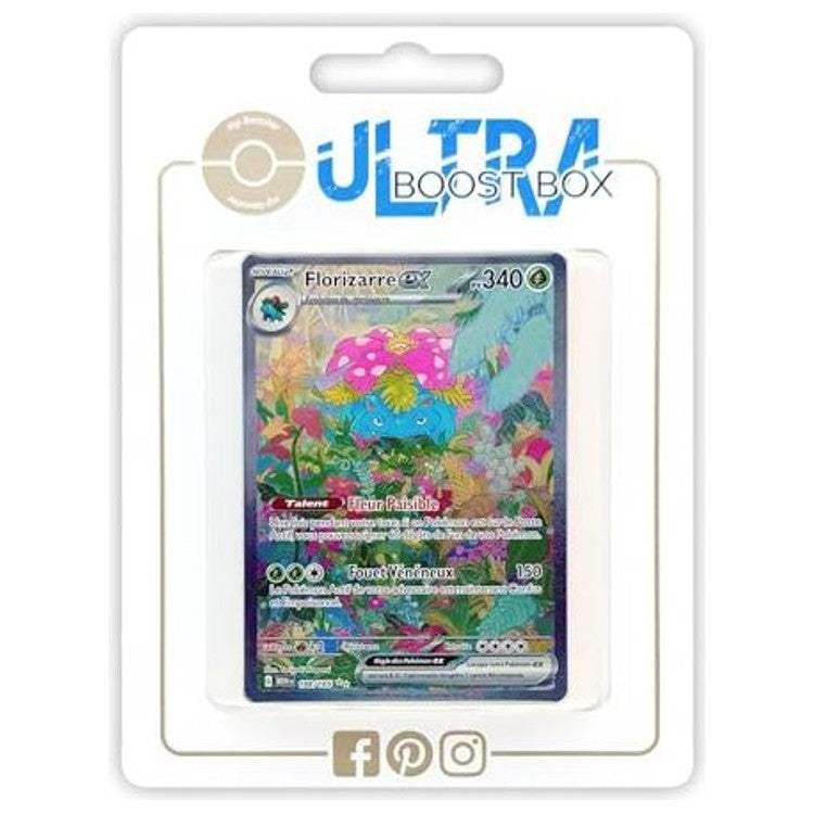 Coffret Ultraboost mettant en avant la carte Florizarre ex 198/165 Alternative Gallery Secrete accompagnee de 9 autres cartes Pokemon francaises neuves