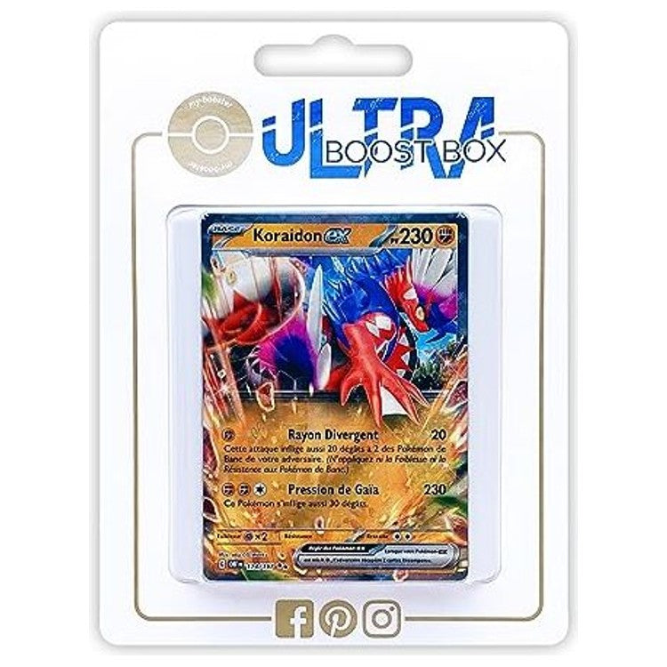 Coffret Ultraboost contenant la carte Koraidon ex 124/197 EV03 et 9 autres cartes Pokémon françaises neuves issues du bloc Écarlate et Violet Flammes Obsidiennes.
