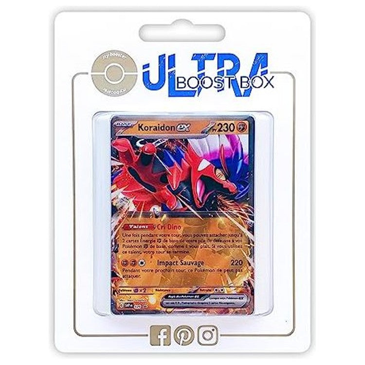 Coffret Ultraboost contenant la carte Koraidon ex SV029 et 9 autres cartes Pokémon françaises neuves, sélection certifiée d’origine The Pokémon Company.