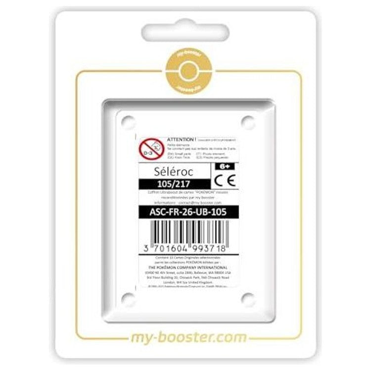 Coffret Ultraboost X Méga-Évolution 2.5 avec la carte Séléroc Reverse mise en avant et 9 autres cartes Pokémon complémentaires en français.