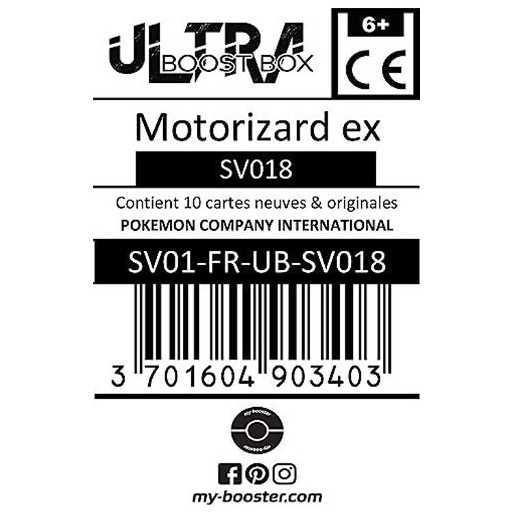 Coffret Ultraboost X Écarlate et Violet 01 avec Motorizard ex SV018 et 9 autres cartes Pokémon françaises neuves et certifiées officielles.