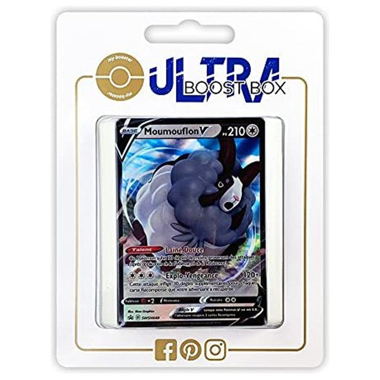 Coffret Ultraboost contenant la carte promo Moumouflon V SWSH049 et 9 autres cartes Pokémon françaises neuves, présenté comme pack de 10 cartes.