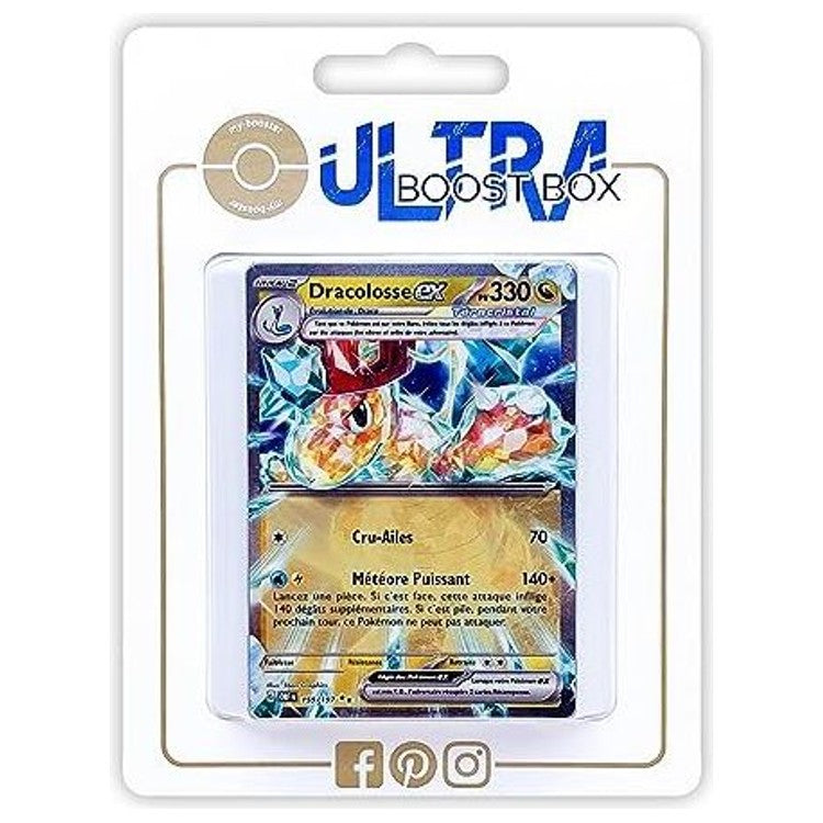 Coffret Ultraboost Myboost avec Dracolosse ex Téracristal et 9 autres cartes Pokémon françaises neuves de l’extension Flammes Obsidiennes.