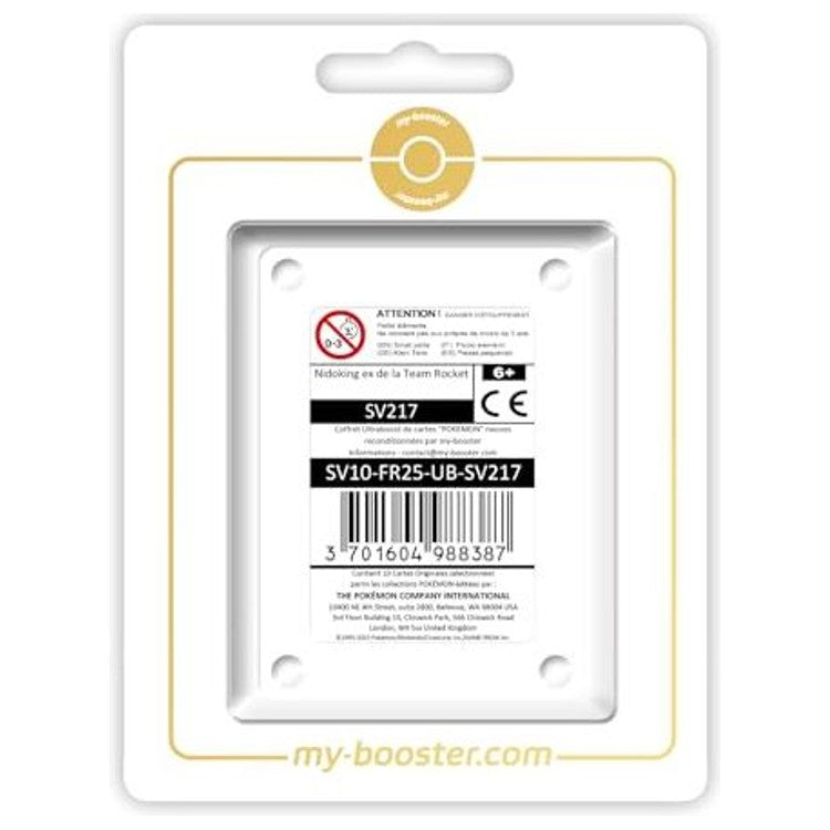 Coffret Ultraboost Myboost Nidoking ex SV217 Rivalités Destinées contenant la carte principale et 9 autres cartes Pokémon françaises variées.