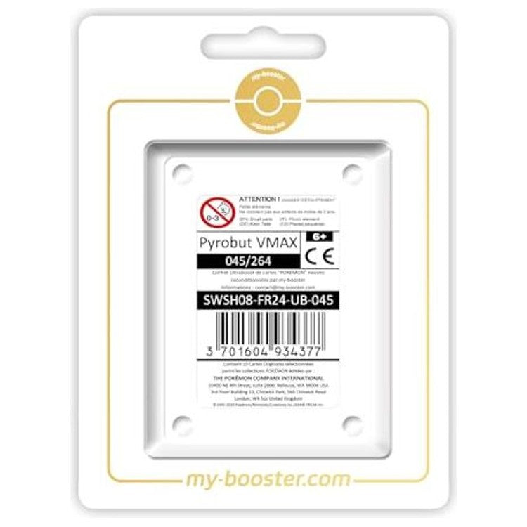 Coffret Ultraboost Myboost avec la carte Pyrobut VMAX mise en avant et 9 autres cartes Pokémon françaises incluses dans le pack Poing de Fusion.