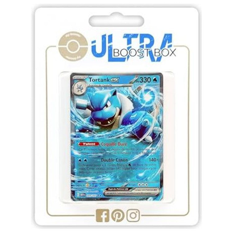Coffret Ultraboost Myboost avec la carte Tortank ex 009/165 mise en avant, accompagné d’une sélection de 9 autres cartes Pokémon françaises neuves.