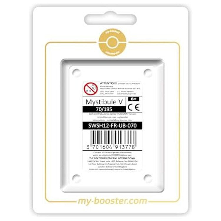 Coffret Ultraboost dédié à Mystibule V Tempête Argentée EB12 contenant la carte vedette et 9 autres cartes Pokémon françaises certifiées.