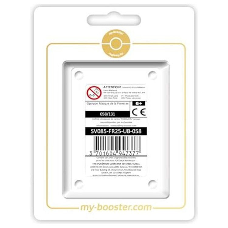 Coffret Ultraboost Myboost avec la carte Ogerpon Masque de la Pierre ex Téracristal 058/131 et 9 autres cartes Pokémon françaises variées.