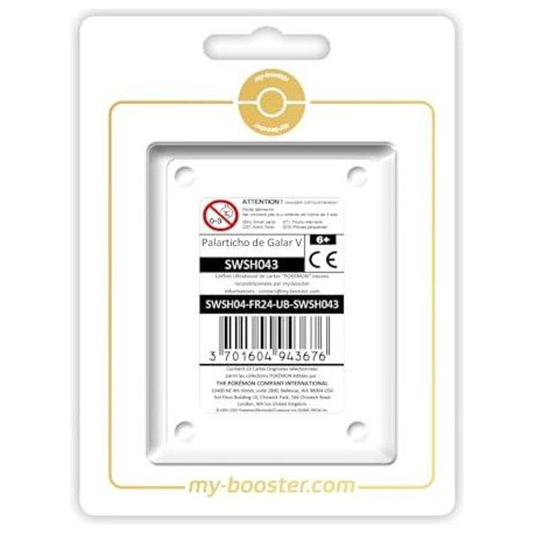 Coffret Ultraboost contenant la carte promo Palarticho de Galar V SWSH043 et 9 autres cartes Pokémon françaises variées.