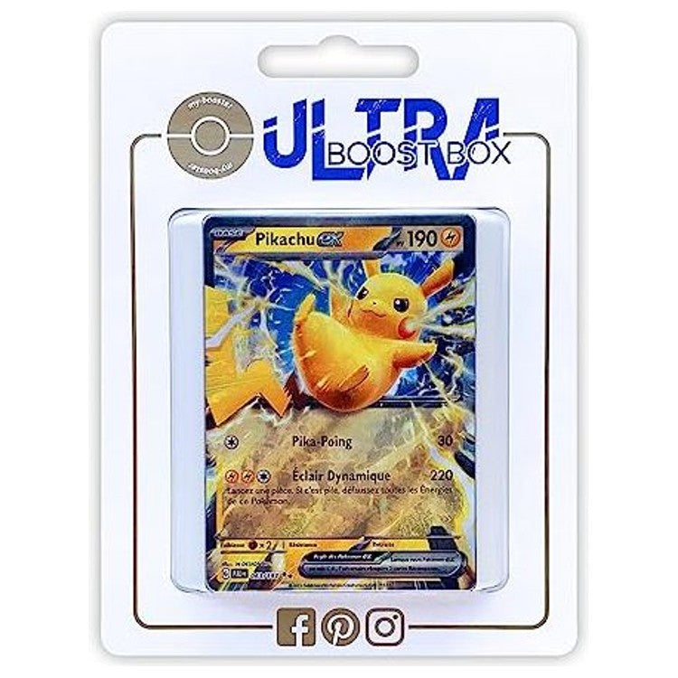 Coffret Ultraboost contenant la carte Pikachu ex 063/193 et un assortiment de 9 autres cartes Pokémon françaises neuves et originales.