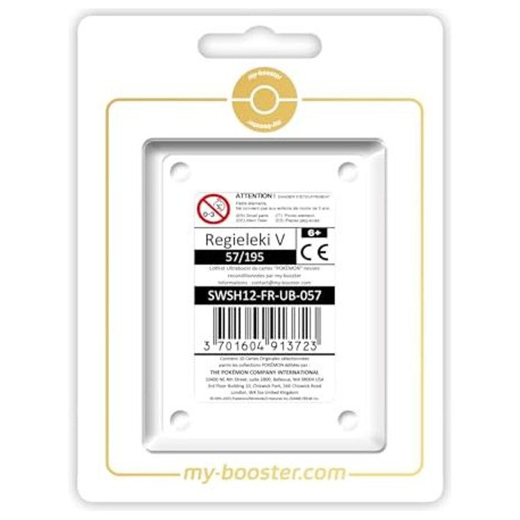 Coffret Ultraboost Regieleki V Tempête Argentée contenant la carte principale 057/195 et 9 autres cartes Pokémon françaises officielles