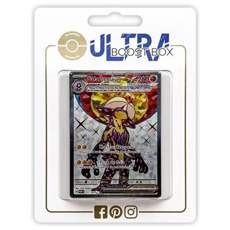 Coffret Ultraboost Faille Paradoxe avec la carte Salarsen ex Téracristal EV04 et un assortiment de 9 autres cartes Pokémon françaises neuves et certifiées.