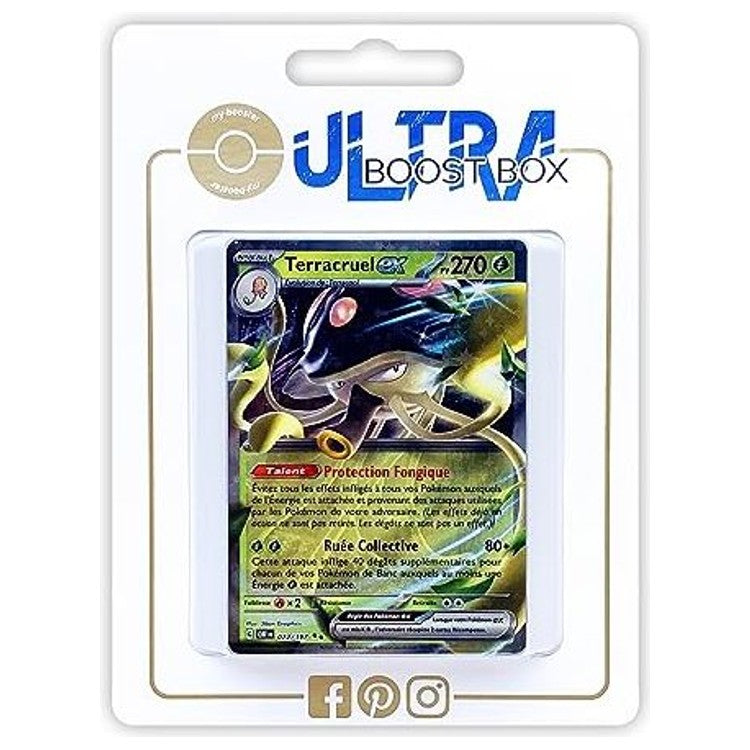 Coffret Ultraboost contenant la carte Pokemon Terracruel ex de l’extension Ecarlate et Violet 03 Flammes Obsidiennes avec 9 autres cartes francaises