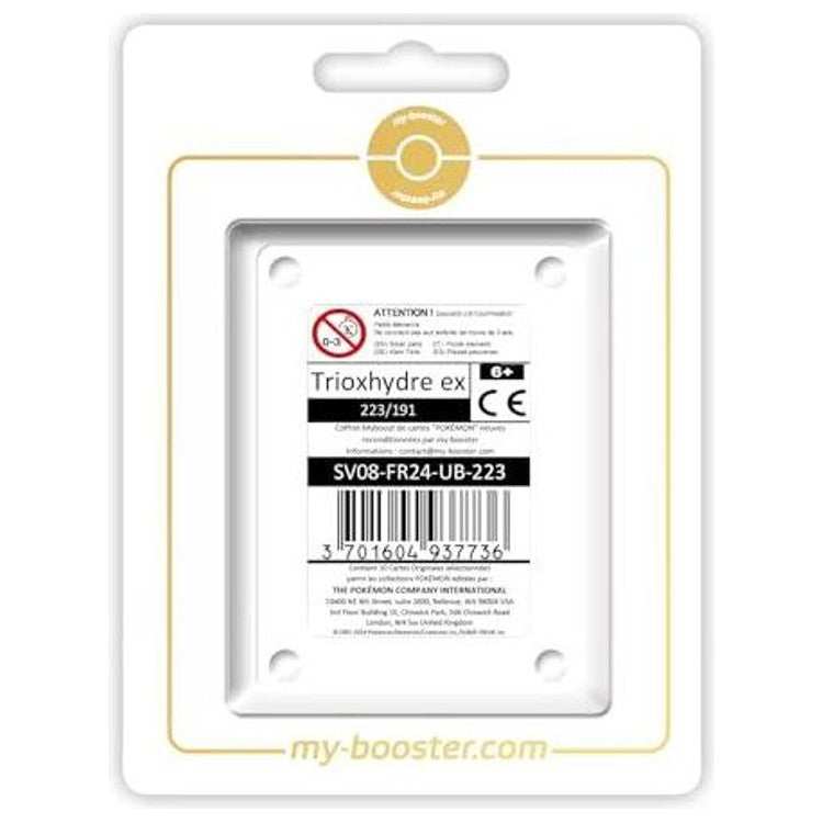 Coffret Ultraboost X contenant la carte Trioxhydre ex 223/191 Étincelles Déferlantes et 9 autres cartes Pokémon françaises certifiées officielles.